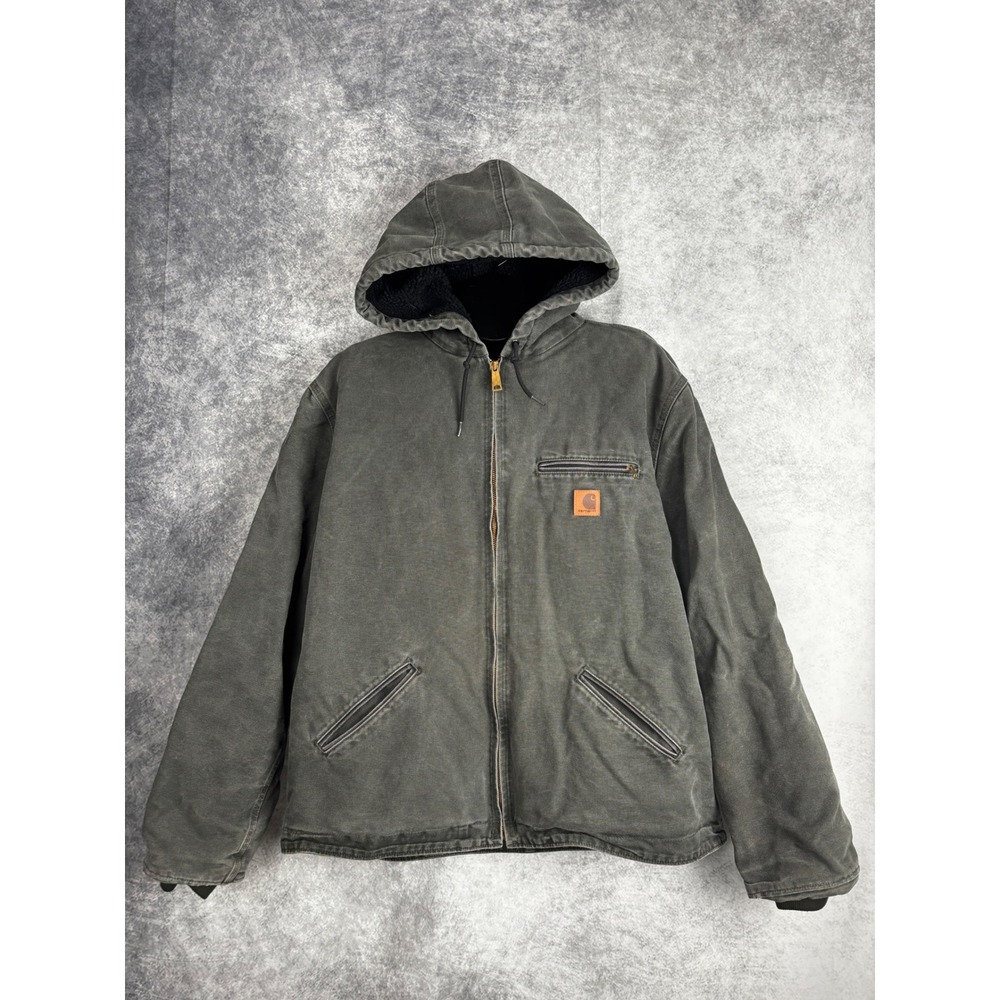 Carhartt Jacket Men's Green Canvas Sherpa Lined Hooded Full Zip J141 MOS Size XL